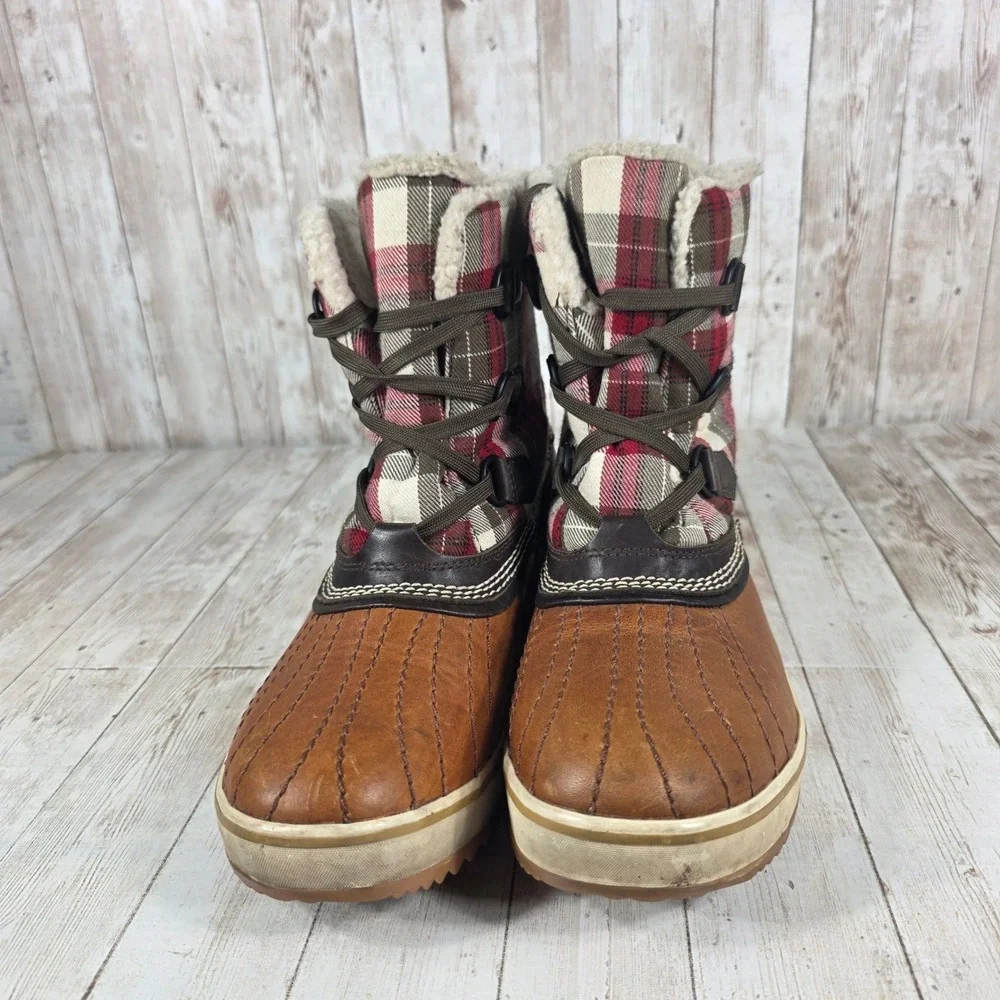 Sorel Waterproof Plaid Lined Snow Boots Women's Size 7.5‎ Tan Leather Winter